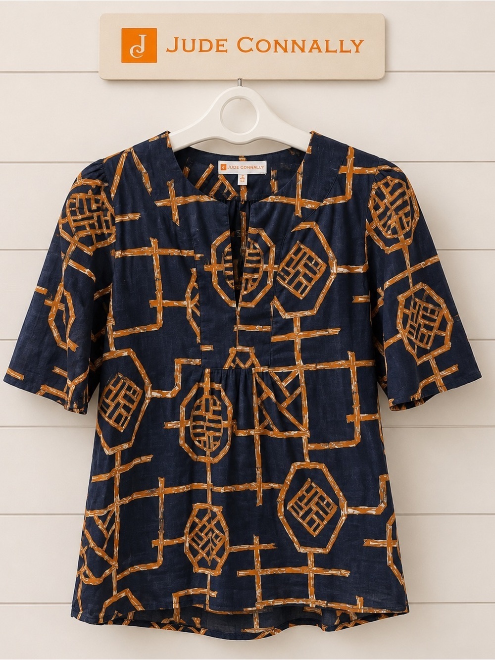 JUDE CONNALLY Top – Size XS – Navy & Orange Geometric Print